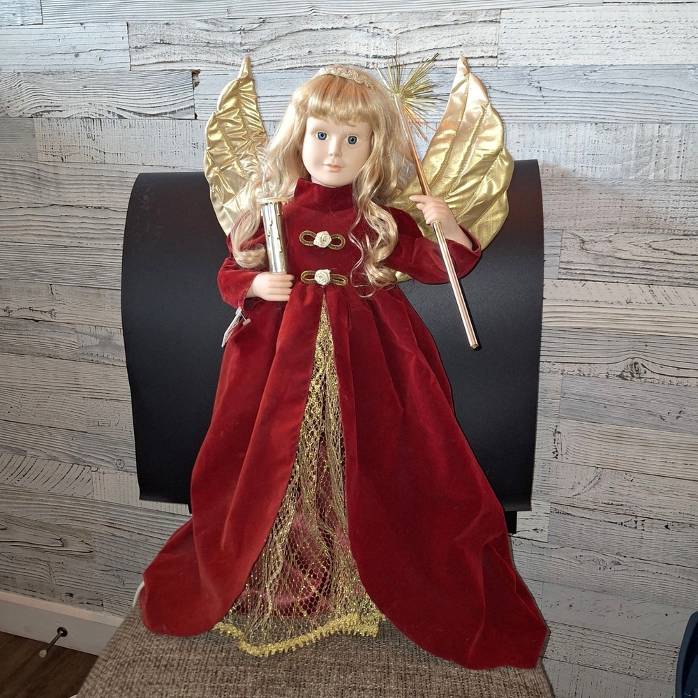 Vintage Telco Motion-ette Christmas Angel Animated Red Velvet Gold Wings 24 inch